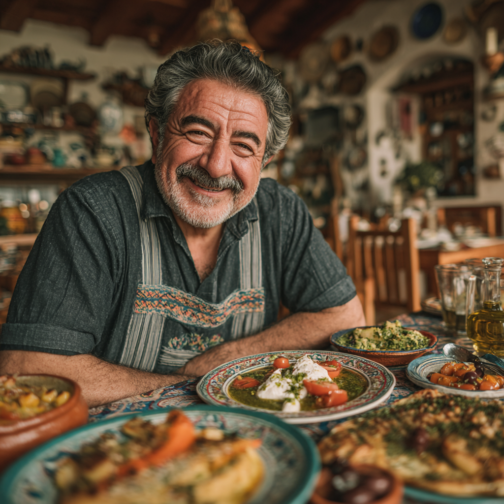 Bărbat de 60 de ani activ și energic, servind masa la o masă cu familie, având în față un platou colorat cu alimente mediteraneene sănătoase