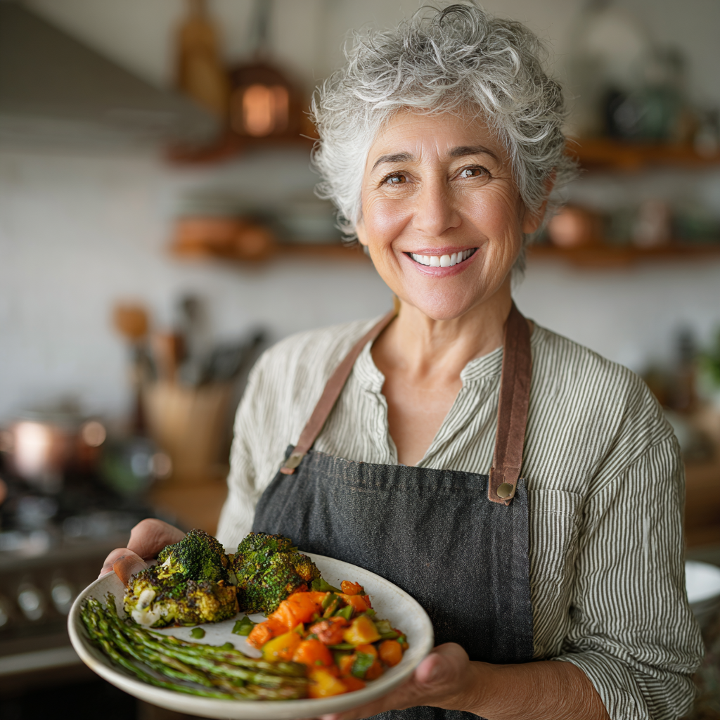 Femeie de 56 de ani energică și zâmbitoare, ținând în mâini un platou cu mâncare sănătoasă colorată, pe fundalul unei bucătării moderne, radiind satisfacție și bunăstare