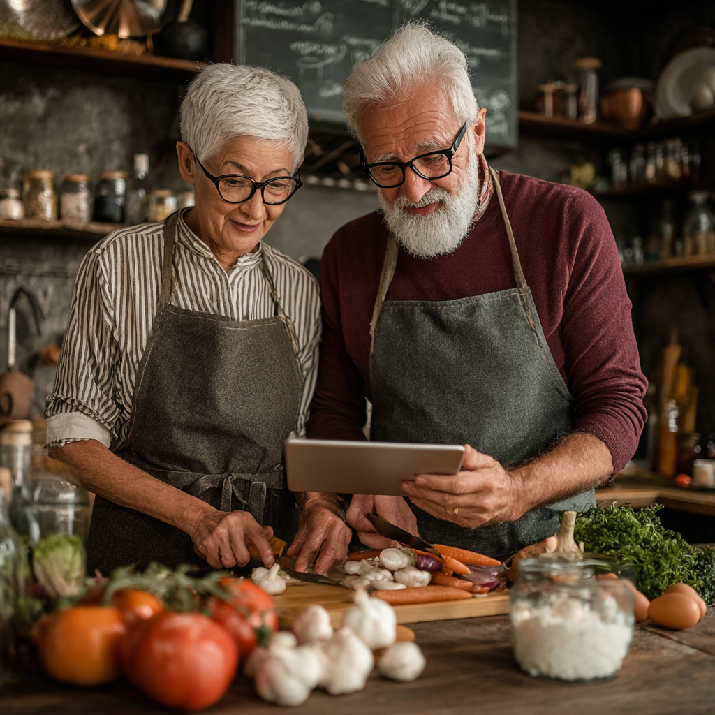 Cuplul de soți în vârstă de 58 și 62 de ani gătind împreună în bucătărie, unul citind din planul alimentar zorpumest pe tabletă în timp ce celălalt pregătește ingredientele