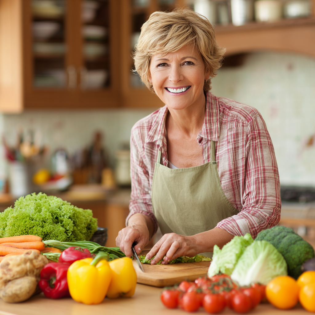 Femeie de 55 de ani zâmbitoare în bucătărie, pregătind o salată colorată cu legume proaspete, radiind sănătate și vitalitate